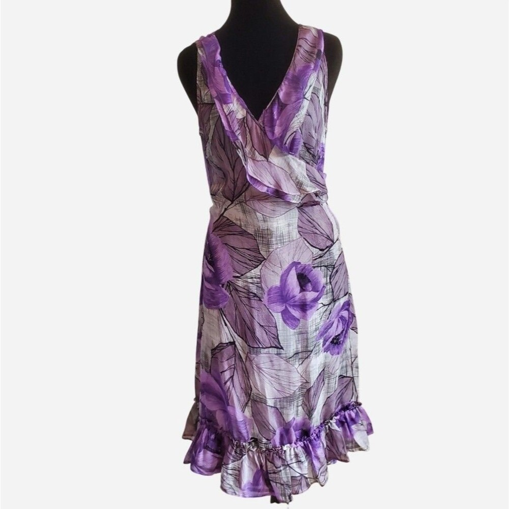 Intrend by Max Mara Sheer Silk Purple Floral Wrap Midi Dress Size 10 Cocktail